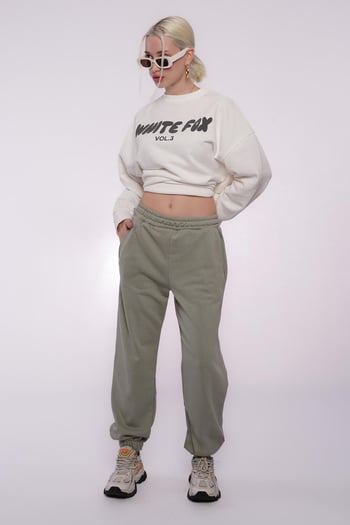 Ekru Bisiklet Yaka Baskılı Sweatshirt MG1904