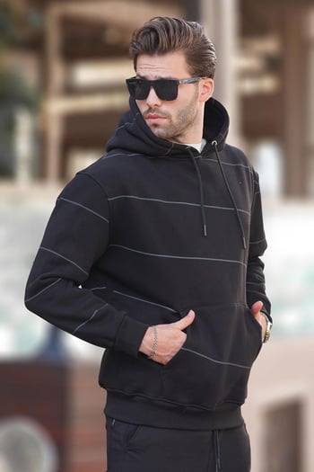 Siyah Kapüşonlu Cep Detaylı Çizgili Erkek Sweatshirt 7063