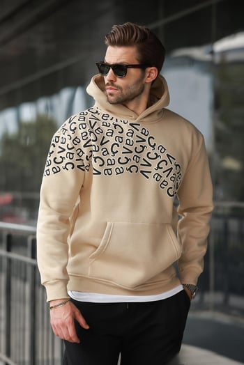 Bej Baskılı Kapüşonlu Erkek Sweatshirt E7160