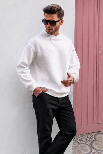 White Basic Crewneck Raised Oversize Sweatshirt 6048