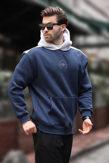 Lacivert Kapüşonlu Renk Bloklu Nakış Detaylı Erkek Sweatshirt 7088