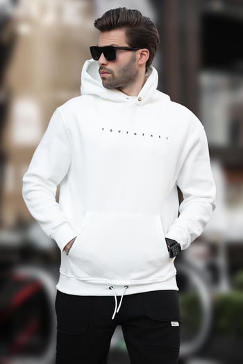 Ekru Kapüşonlu Baskılı Erkek Sweatshirt 7077