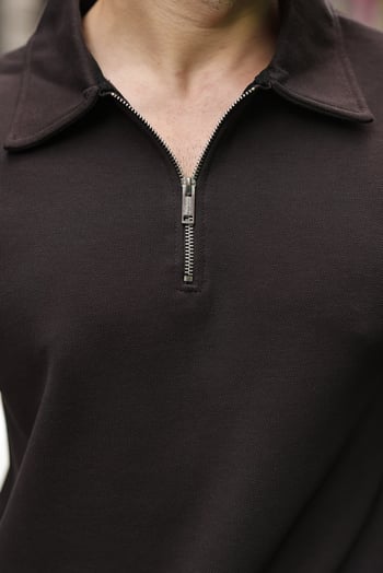Acı Kahve Yarım Fermuarlı Polo Yaka Dokulu Erkek Sweatshırt E7197