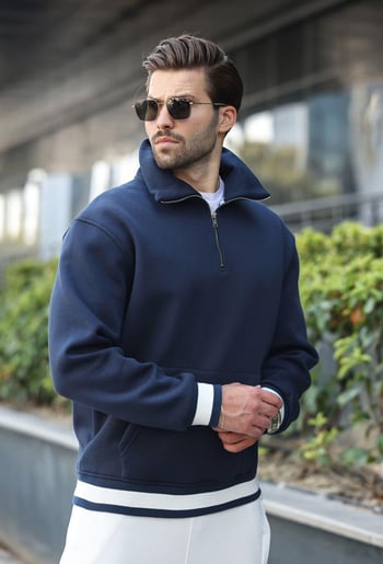 Lacivert Fermuarlı Dik Yaka Kanguru Cep Erkek Sweatshirt E7159