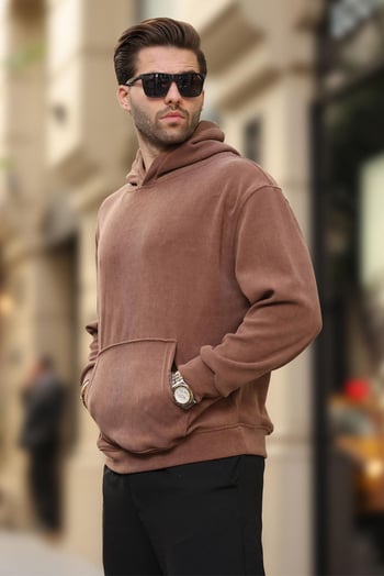 Kahverengi Kapüşonlu Cep Detaylı Dokulu Sweatshirt E7101