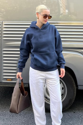 Lacivert Kapüşonlu Şardonlu Oversize Cepli Sweatshirt MG2206