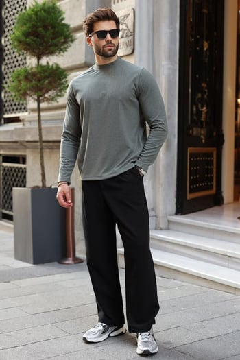 Haki Yarım Balıkçı Yaka Slim Fit Erkek Sweatshirt E7202