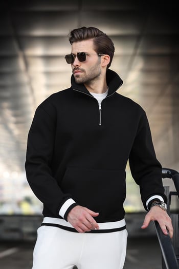 Siyah Fermuarlı Dik Yaka Kanguru Cep Erkek Sweatshirt E7159