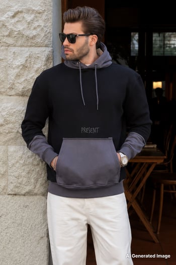 Siyah Kapüşonlu Cep Detaylı Erkek Sweatshirt 7071