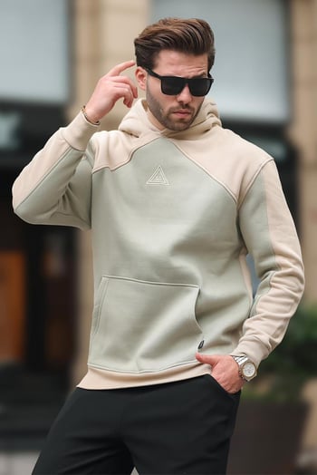 Bej Kapüşonlu Cep Detaylı Nakışlı Sweatshirt E7085