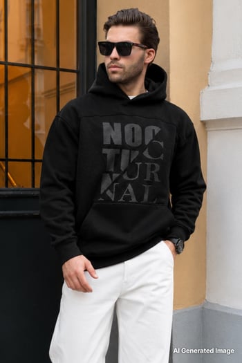 Siyah Baskılı Kapüşonlu Cep Detaylı Erkek Sweatshirt 7062