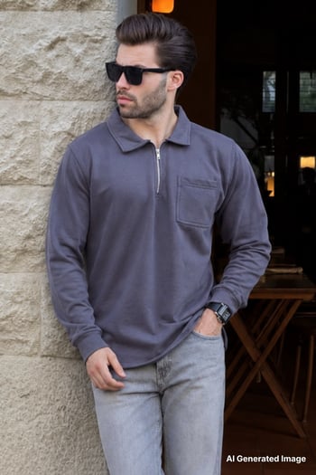 Füme Polo Yaka Fermuarlı Uzun Kollu Erkek Sweatshirt 7057