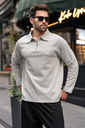 Boyalı Gri Yarım Fermuarlı Polo Yaka Dokulu Erkek Sweatshırt E7197