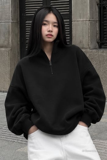 Siyah Fermuar Detaylı Oversize Sweatshirt MG1933