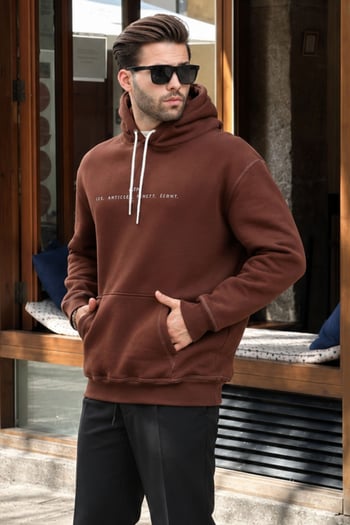 Acı Kahverengi Kapüşonlu Nakış Detaylı Cepli Erkek Sweatshirt 7066