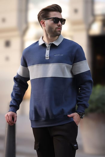 Lacivert Polo Yaka Renk Bloklu Erkek Sweatshirt 7072