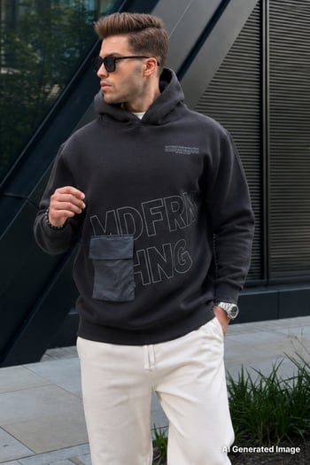 Siyah Baskılı Kapüşonlu Sweatshirt 6148