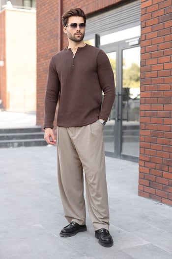 Kahverengi Bisiklet Yaka Fermuar Detaylı Erkek Triko Sweatshirt E7209