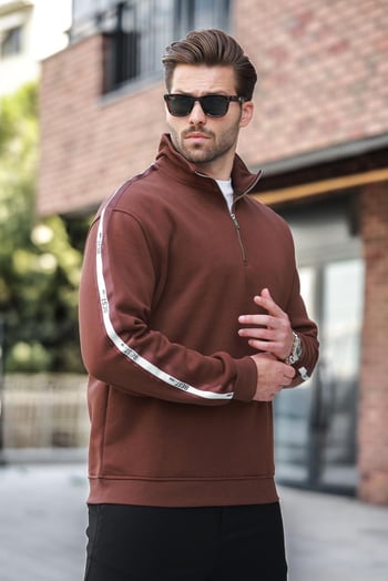 Acı Kahverengi Fermuarlı Yarım Balıkçı Yaka Erkek Sweatshirt E7164