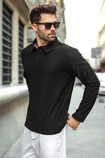 Siyah Gömlek Yaka Dokulu Regular Fit Erkek Sweatshirt E7203