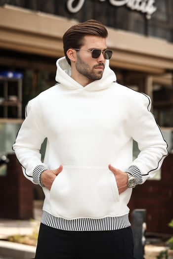 Ekru Kapüşonlu Kanguru Cep Erkek Sweatshirt E7163