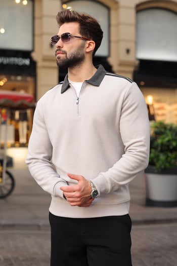 Boyalı Gri Şerit Detaylı Polo Yaka Erkek Sweatshirt E7212  