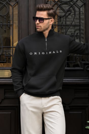 Black Embroided Zip Neck Sweatshirt 6028