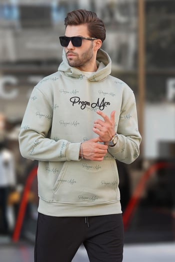 Çağla Yeşili Baskılı Kapşonlu Cep Detaylı Erkek Sweatshirt 7075