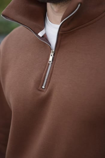 Kahverengi Fermuarlı Dik Yaka Kanguru Cep Erkek Sweatshirt E7159