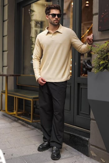 Bej Gömlek Yaka Dokulu Regular Fit Erkek Sweatshirt E7203