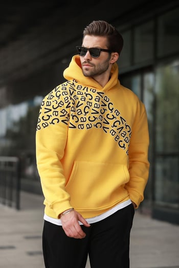 Sarı Baskılı Kapüşonlu Erkek Sweatshirt E7160
