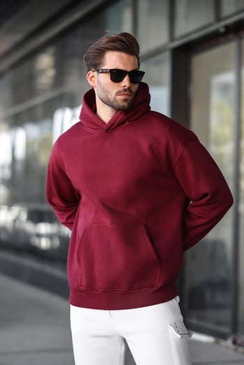 Bordo Kapüşonlu Kanguru Cep Erkek Sweatshirt E7169