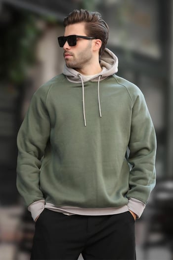 Haki Renk Bloklu Kapüşonlu Sweatshirt 7073