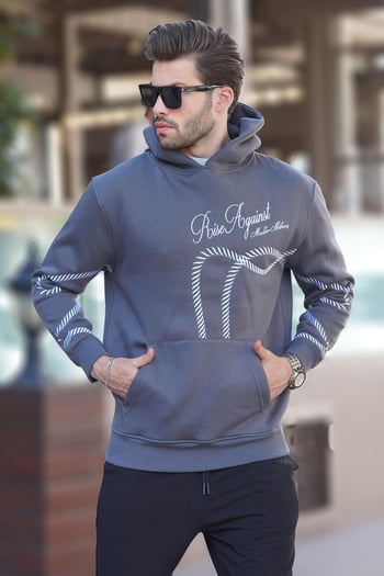 Füme Baskılı Kapşonlu Cep Detaylı Erkek Sweatshirt 7067