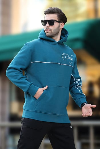 Petrol Mavi Kapüşonlu Şerit Detaylı Baskılı Erkek Sweatshirt 7091