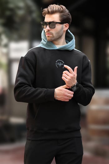 Siyah Kapüşonlu Renk Bloklu Nakış Detaylı Erkek Sweatshirt 7088
