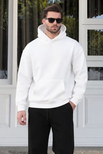 Ekru Kapüşonlu Kanguru Cep Erkek Sweatshirt E7169