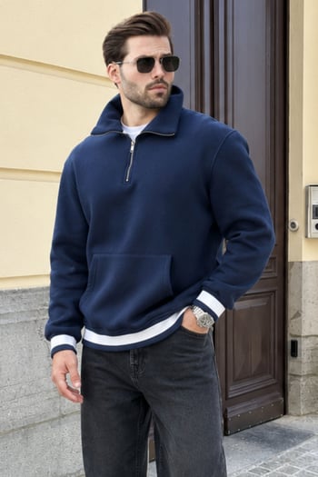Lacivert Fermuarlı Dik Yaka Kanguru Cep Erkek Sweatshirt E7159