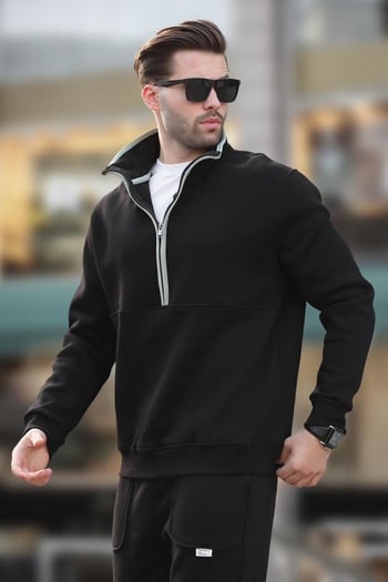 Siyah Dik Yaka Yarım Fermuarlı Sweatshirt 7079