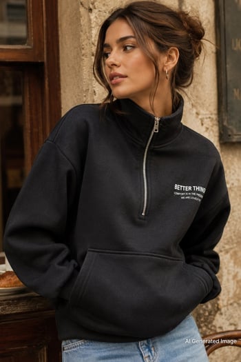 Siyah Dik Yaka Fermuarlı Kadın Sweatshirt MG1935
