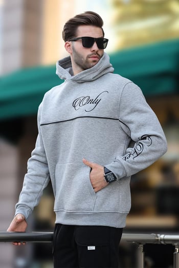 Grimelanj Kapüşonlu Şerit Detaylı Baskılı Erkek Sweatshirt 7091