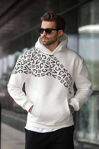 Ekru Baskılı Kapüşonlu Erkek Sweatshirt E7160
