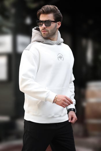 Ekru Kapüşonlu Renk Bloklu Nakış Detaylı Erkek Sweatshirt 7088