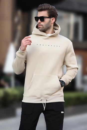 Bej Kapüşonlu Baskılı Erkek Sweatshirt 7077