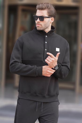 Siyah Dik Yakalı Düğme Detaylı Erkek Sweatshirt 7060