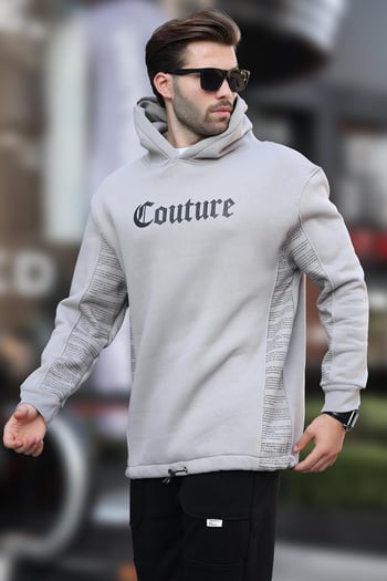 Boyalı Gri Kapüşonlu Cep Detaylı Baskılı Erkek Sweatshirt 7090