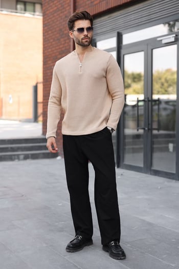 Bej Bisiklet Yaka Fermuar Detaylı Erkek Triko Sweatshirt E7209