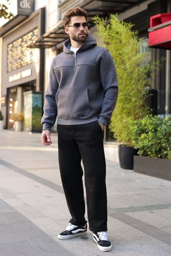 Füme Kanguru Cepli Kapüşonlu Erkek Sweatshirt E7218