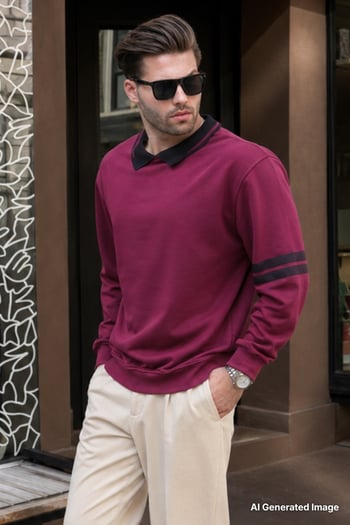 Bordo Polo Yaka Oversize Kolu Şeritli Erkek Sweatshirt 7048