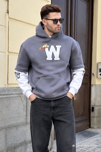 Füme Nakışlı Kapüşonlu Sweatshirt 6141